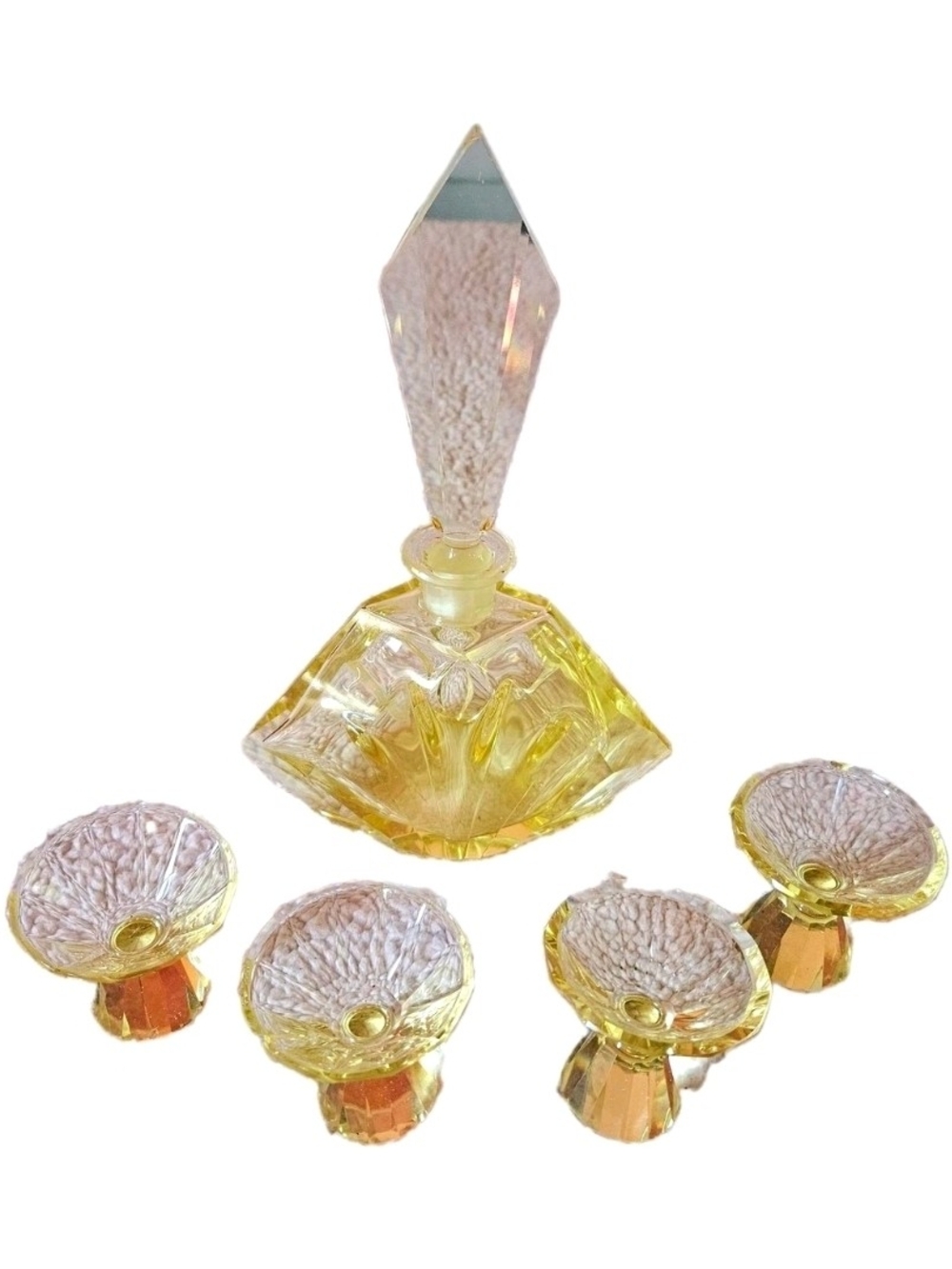 Vintage Yellow Clear Art Deco Decanter with Stopper and 4 Glasses set READ